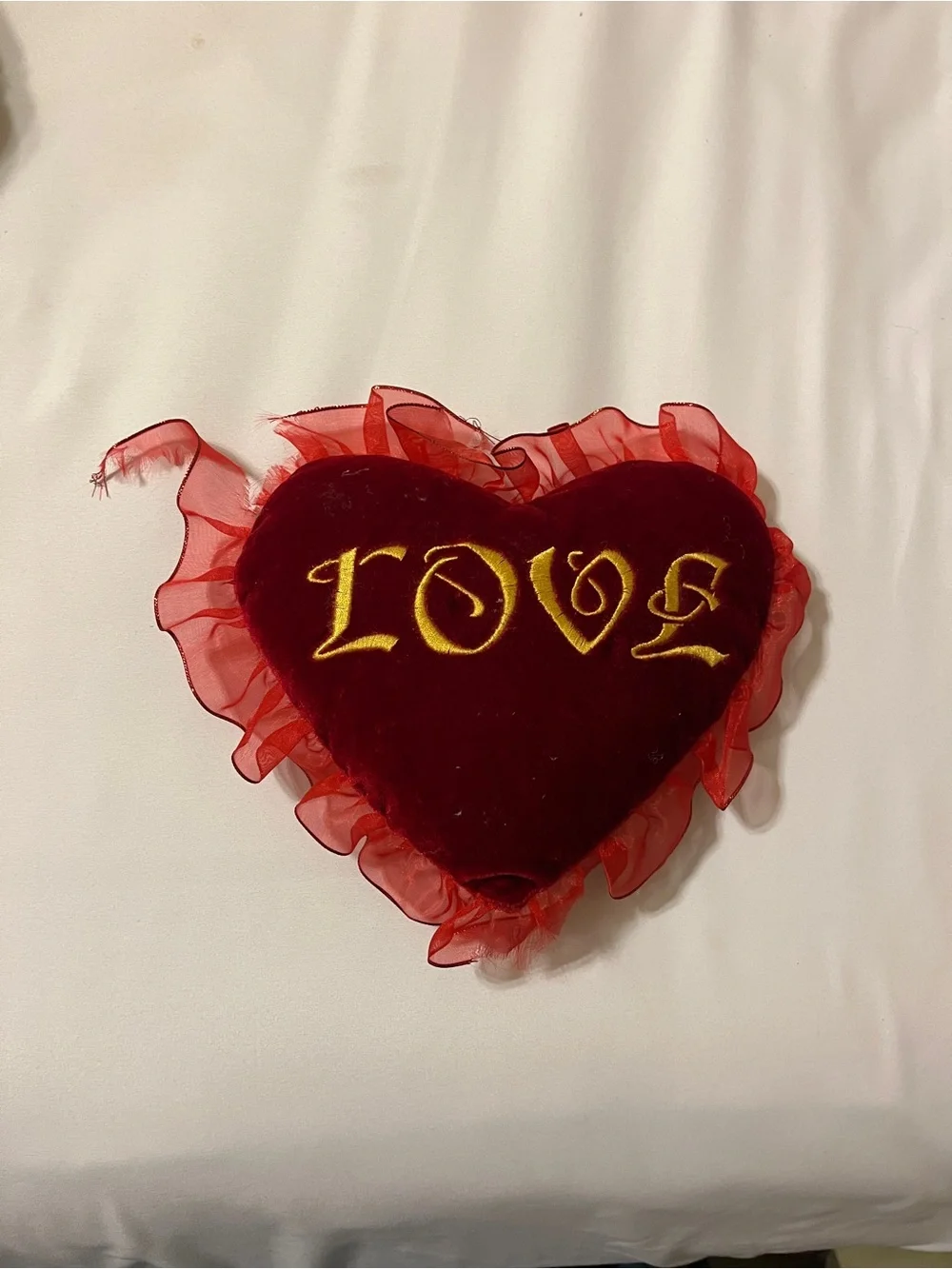 Red Heart LOVE Embroidered Plush Pillow Ruffle Velvet 9
